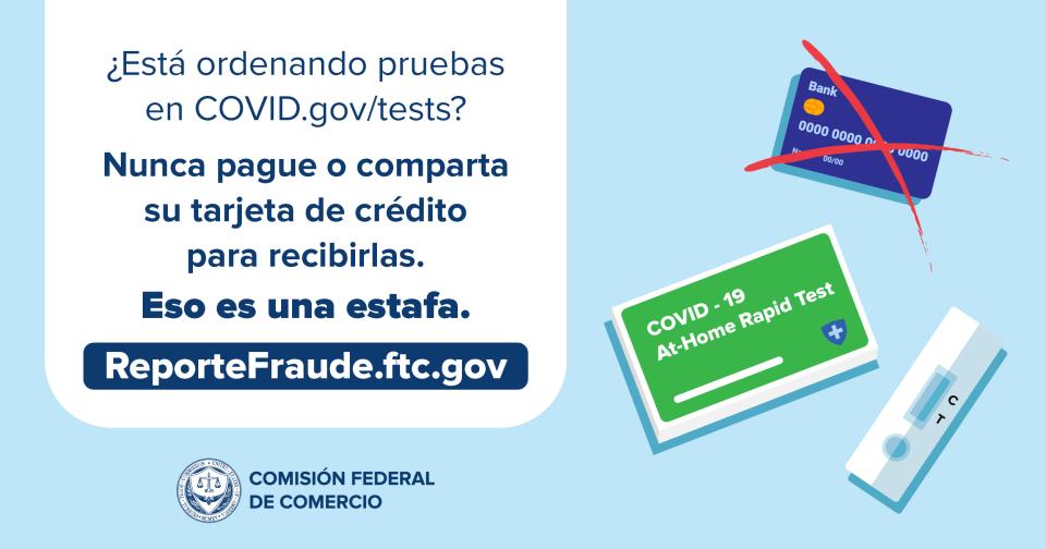 Nunca paque o comparta su tarjeta de crédito para recibir pruebas de COVID.gov/tests
