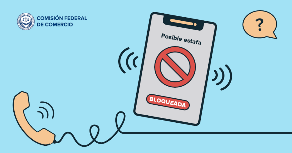Un teléfono móvil con las palabras “posible estafa” y “bloqueada” apareciendo en la pantalla.