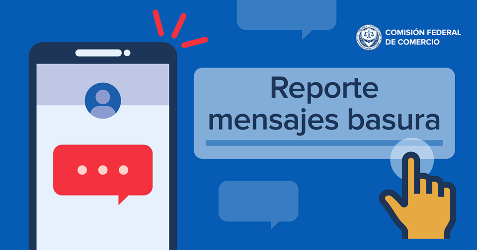 Imagen de un teléfono con el dedo a punto de pulsar la opción "Reportar mensajes basura".